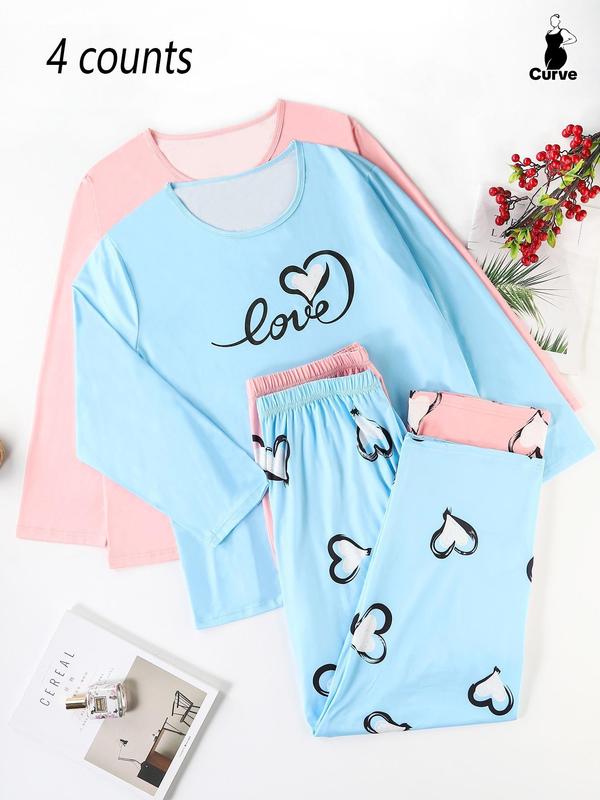  Heart Print Long Sleeve Tee & Elastic Waist Pants Pajama Set, Casual Comfy Round Neck Top & Trousers PJ Set, Women's Sleepwear for Fall & Winter